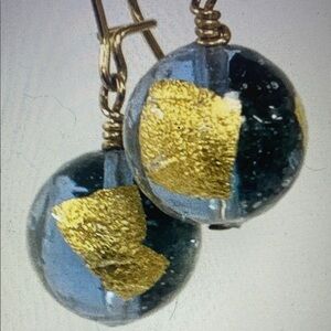 14K  Blue Globe Ball Drop Earrings with Gold Leaf Accent